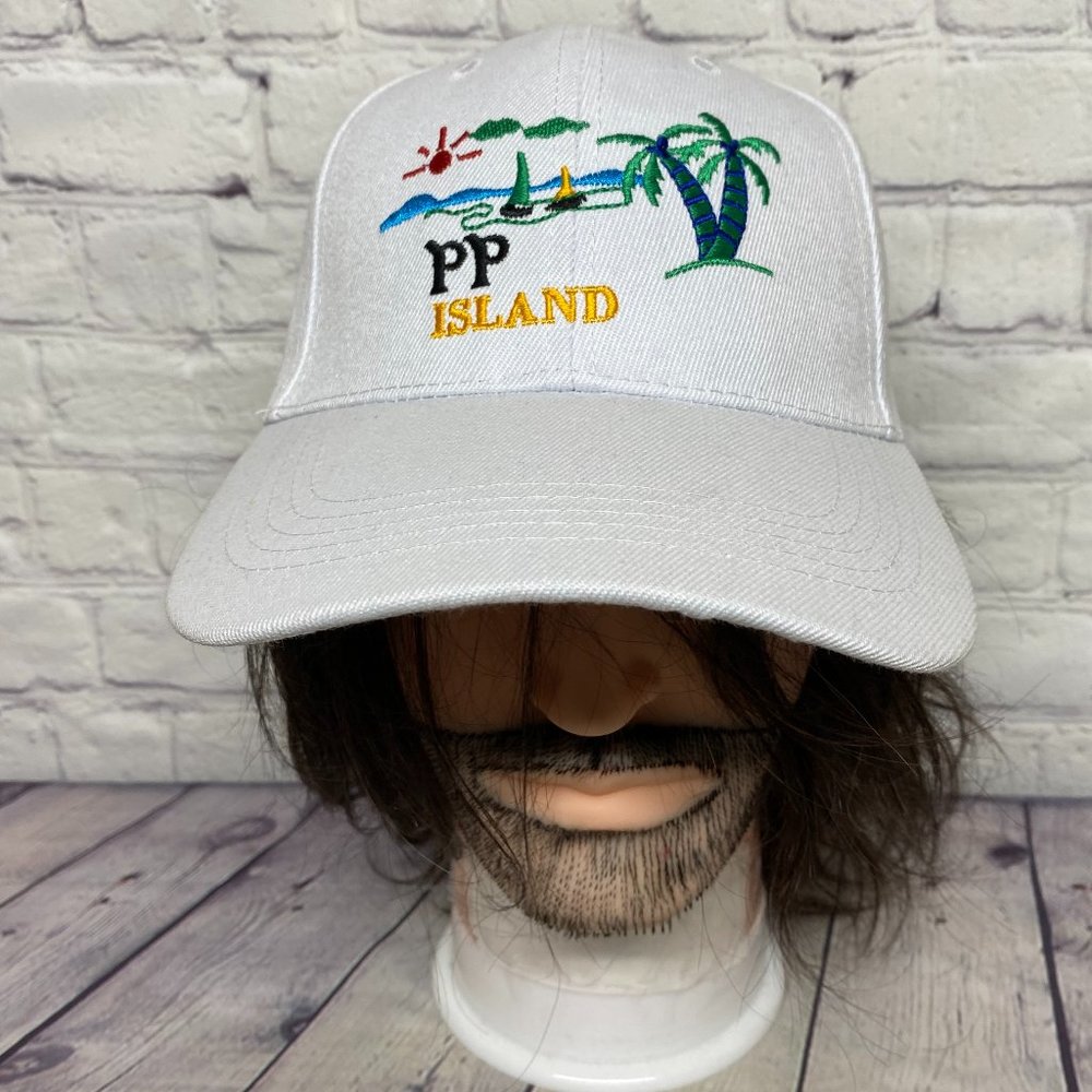 Baseball Hat Cap Strap Back White PP Island Embroidered Palm Trees Sail Boats